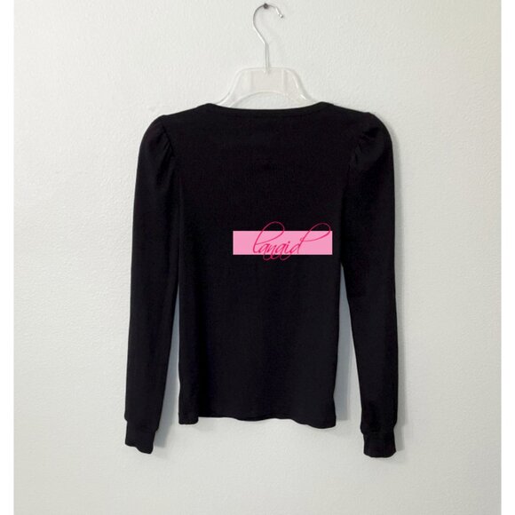 Chaser Black Hook & Eye V-Neck Ribbed Long Puff Sleeve Stretchy Edgy Gothic Top - Picture 2 of 7